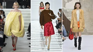 A model in a yellow dress, A model in a grey jumper and red skirt and A model in an orange skirt, white top and beige coat