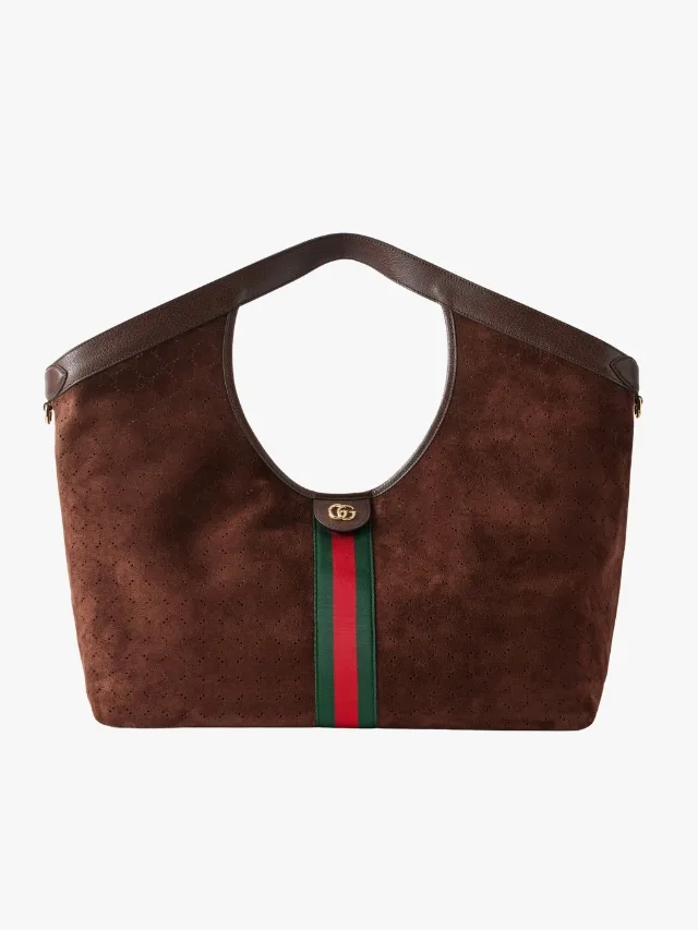 Gucci Giglio brown suede bag with red and green Gucci stripe