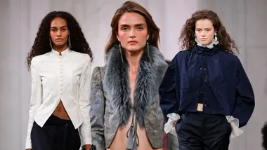 Three models on the Ralph Lauren Spring Summer 2027 runway wearing silk and satin jackets