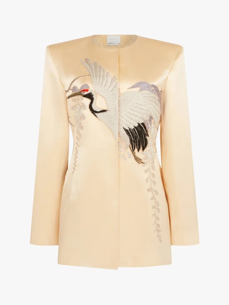 Conner Ives Demi Couture Crane-Embroidered Silk Jacket