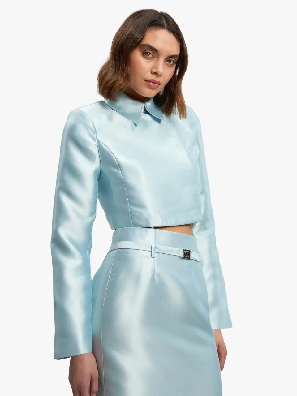 Karen Millen Forever Satin Twill Cropped Wrap Tailored Jacket