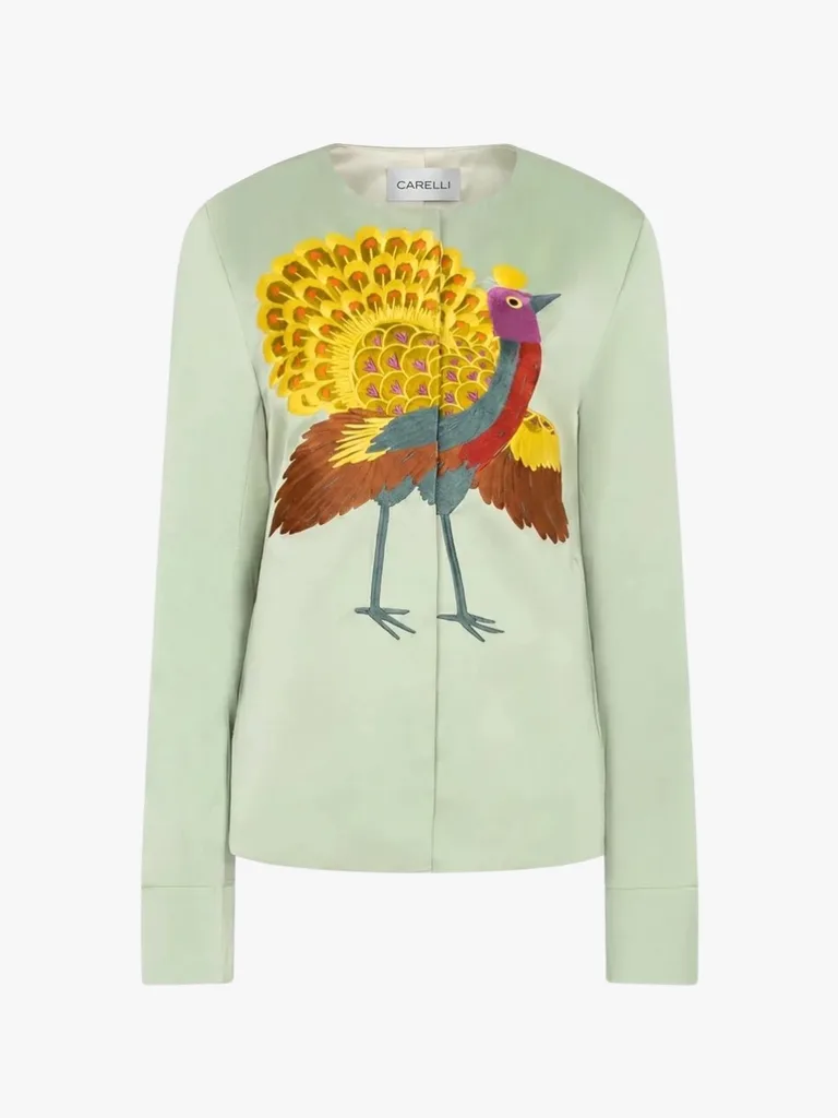 Carelli Phoebe Satin jacket with peacock embroidery