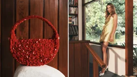red handbag and model