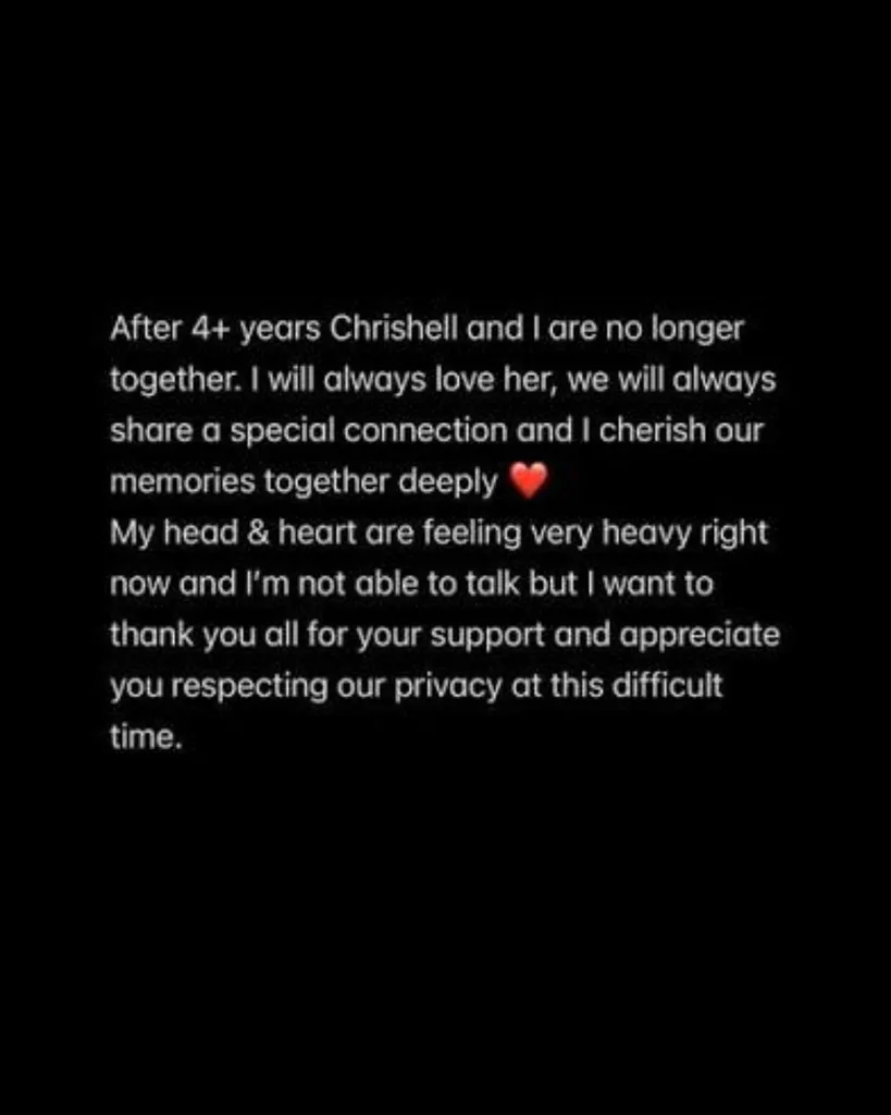 G Flip's post confirming breakup with Chrishelle
