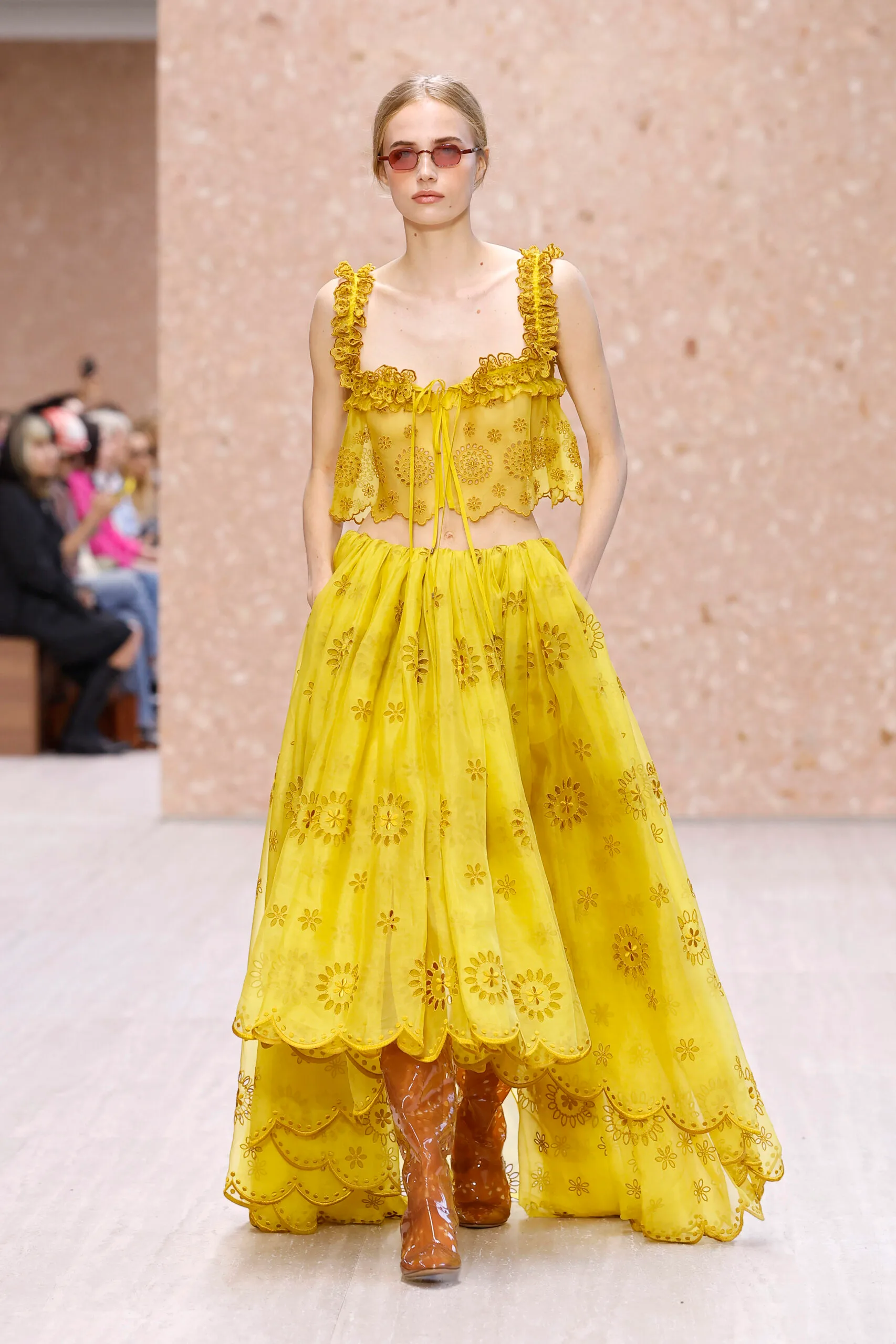 PARIS, FRANCE - OCTOBER 1: (EDITORIAL USE ONLY - For Non-Editorial use please seek approval from Fashion House) A model walks the runway during the Chloé Womenswear Spring/Summer 2027 show as part of Paris Fashion Week on October 1, 2026 in Paris, France. (Photo by Estrop/Getty Images)