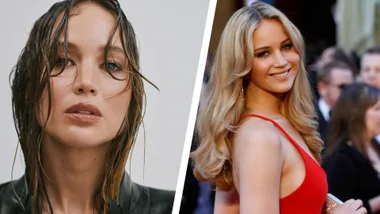 An image from Jennifer Lawrence's mes campaign alongside an image of her at the 2011 oscars