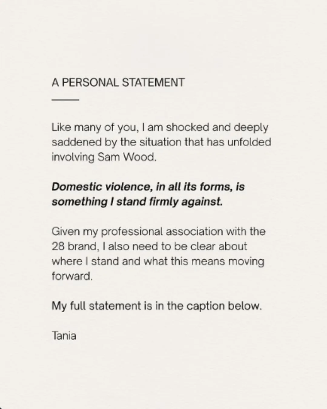 Tania Monk's statement about the Sam Wood case 