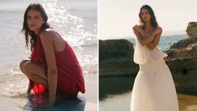 A model in a red dress on the beach and a model in a white dress on the beach