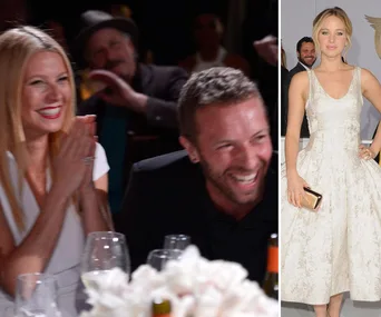 Gwyneth Paltrow claps, Chris Martin laughs, and Jennifer Lawrence poses in a white dress at an event.