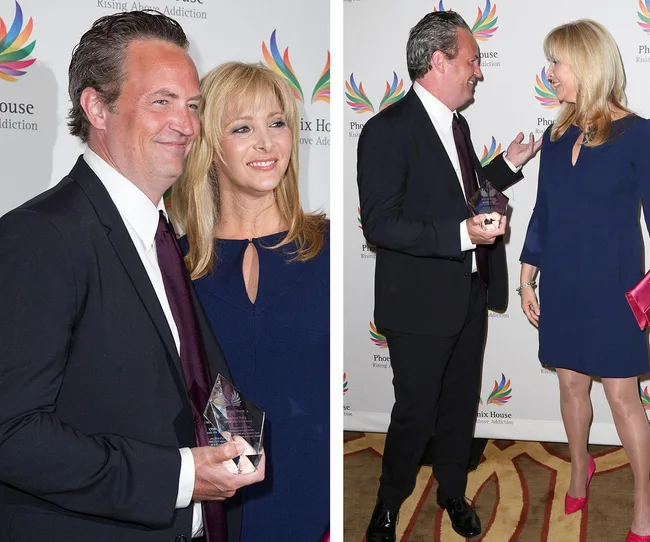 Man and woman smiling at an event, man holding an award, both in formal attire with a backdrop of Phoenix House logo.