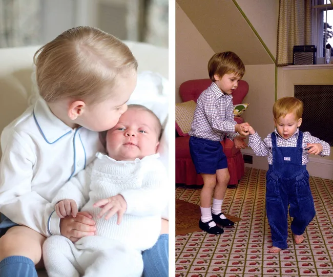 Two photos: Left shows a child kissing a baby; right shows two young children, one helping the other to walk indoors.