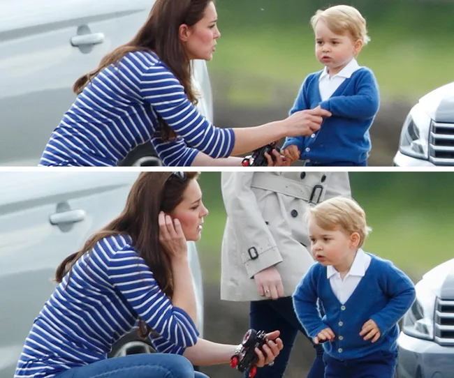 A woman in a striped shirt interacts with a young boy wearing a blue cardigan beside a car.
