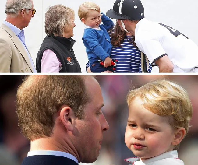 Two images of a young boy with adults, including one wearing a polo outfit and another man looking at the boy.