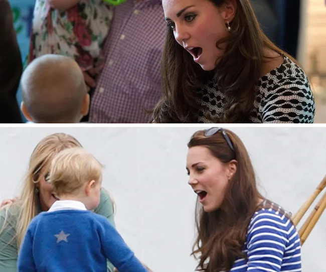 Woman interacting animatedly with young child in two different settings.