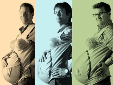 Three men wearing pregnancy simulation suits, each posing, with hands on their backs, in side profile.