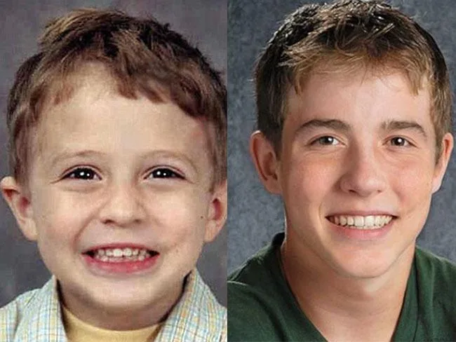 A side-by-side image of a young boy, then and now, showing his progression from childhood to teenage years.