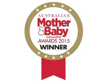 Australian Mother & Baby Magazine Awards 2015 winner badge with a red ribbon and gold star border.