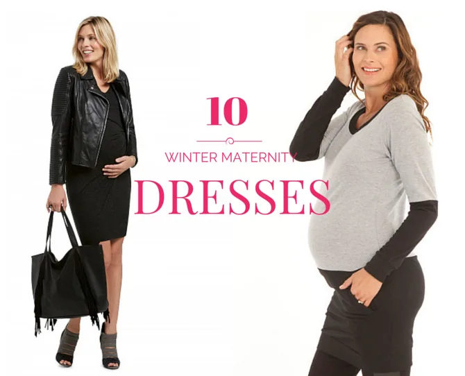 Pregnant women in stylish winter outfits; text: "10 Winter Maternity Dresses".