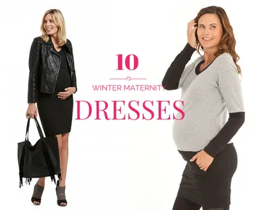 Pregnant women in stylish winter outfits; text: "10 Winter Maternity Dresses".