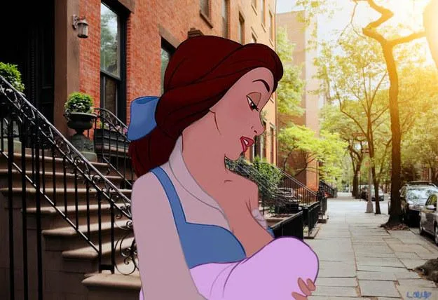 Belle from "Beauty and the Beast" breastfeeding a baby on a sunny residential street.