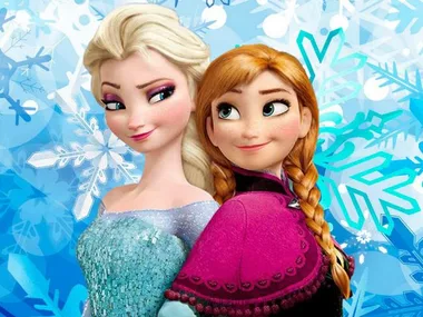 Elsa and Anna from "Frozen" stand back-to-back, smiling, with a snowflake background.