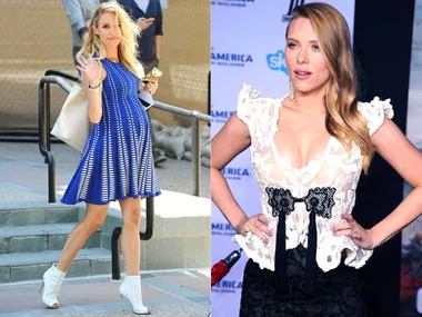 Pregnant celebrity in a blue dress and white ankle boots, smiling and waving; another in a lace dress on the red carpet.