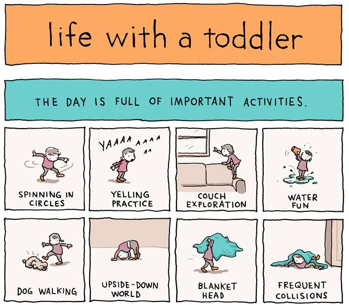 A comic depicting humorous activities of a toddler, including spinning, yelling, couch jumping, and water fun.