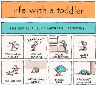 A comic depicting humorous activities of a toddler, including spinning, yelling, couch jumping, and water fun.