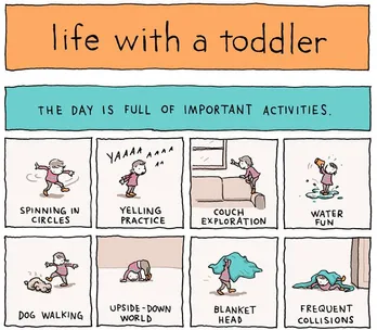 A comic depicting humorous activities of a toddler, including spinning, yelling, couch jumping, and water fun.