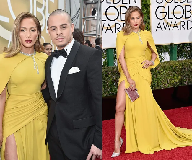 Jennifer Lopez in a yellow gown at the Golden Globe Awards, posing with a man in a black tuxedo on the red carpet.