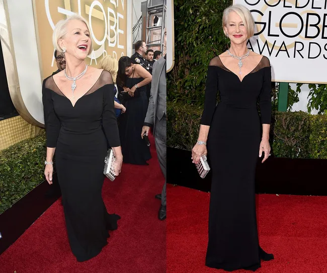 Elegant woman in a black gown with sheer details at a red carpet event, holding a silver clutch, smiling.