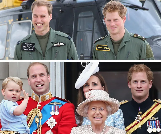 "Two images: men in military uniforms by a helicopter; formal group on a balcony, including a child and older woman in a hat."