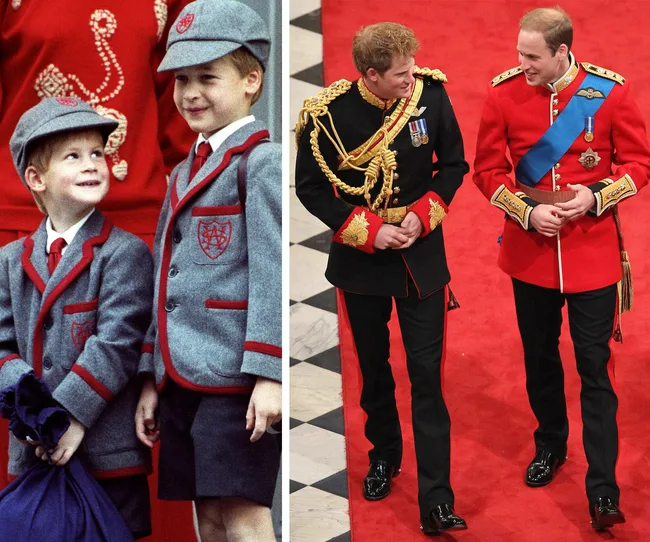 Two boys in school uniforms; two men in military dress uniforms on a red carpet.