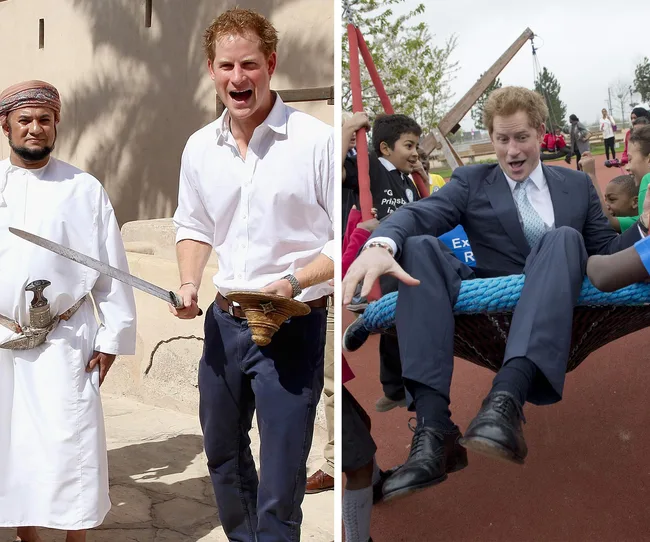 A man in a white shirt holding a sword, and a man in a suit on a swing, surrounded by children.