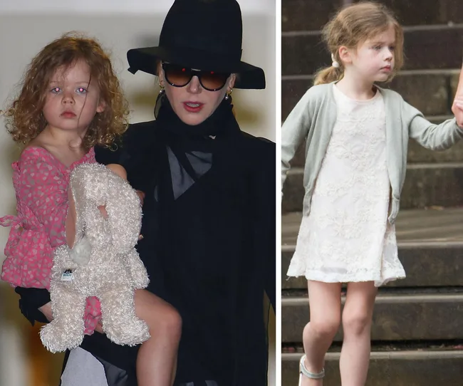 A woman in black holds a child with curly hair and stuffed toy; on right, the child in a lace dress outside.