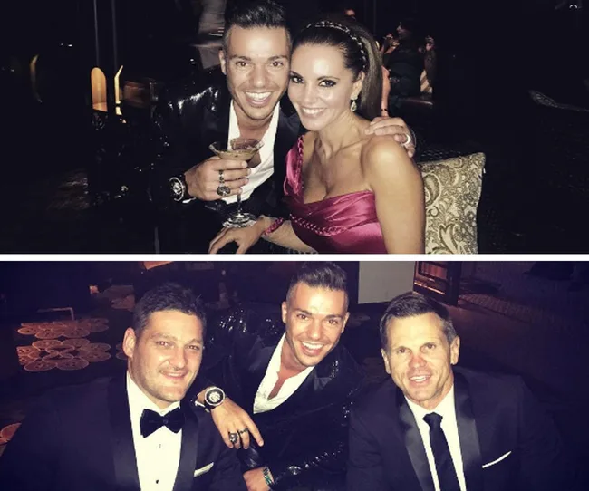Top: Man and woman smiling at a party. Bottom: Three men in suits posing together.