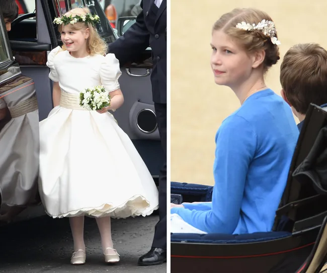 Young girl in a white dress with flowers at a wedding next to her slightly older self in a blue sweater riding in a carriage.