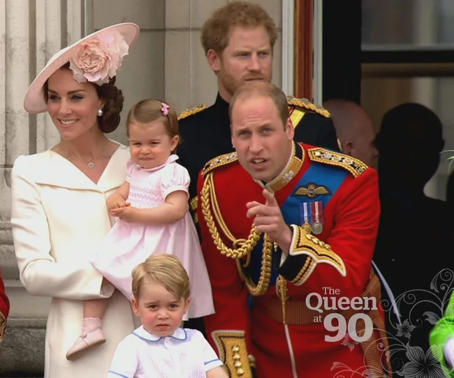 A family in formal attire stands on a balcony, with decorative text "The Queen at 90" in the image corner.