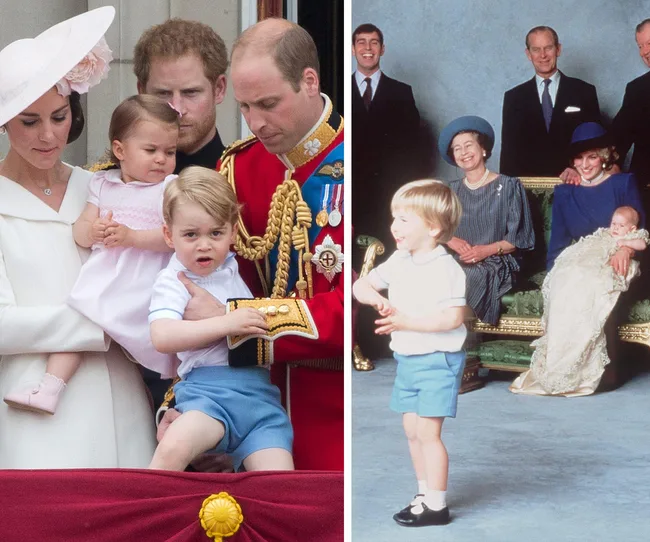 A royal family balcony scene on the left; a historic family portrait on the right, highlighting multigenerational royals.