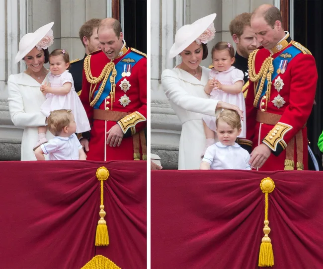 A family dressed in formal attire on a balcony, with two children and adults in ceremonial clothing.