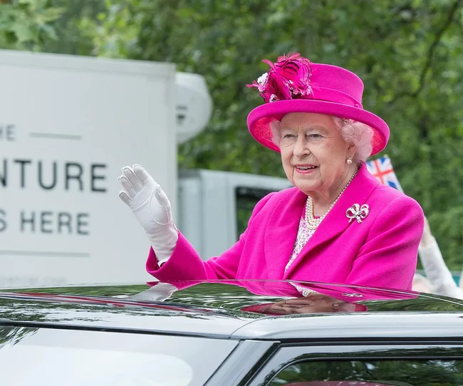 A person in a vibrant pink outfit and hat, waving while standing in a moving vehicle, with trees in the background.