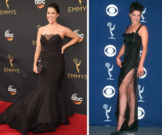 Two women in elegant black gowns at Emmy Awards, 2016 and 1997.