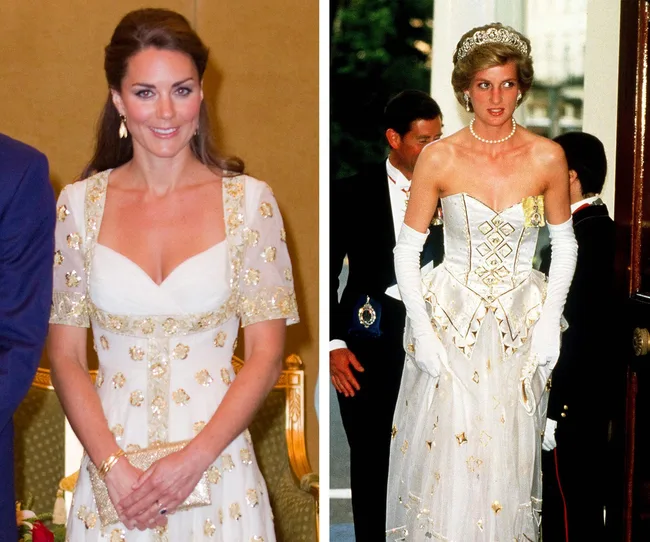 Two women in elegant white gowns with gold embellishments, standing in formal settings.