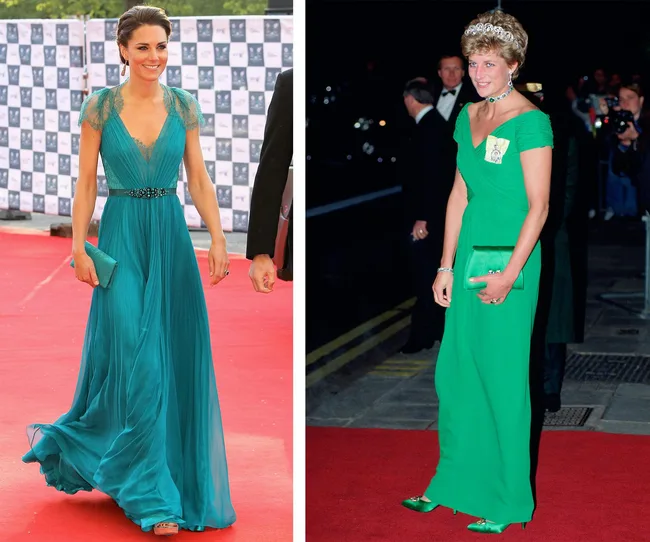 Two women on a red carpet: Left in a teal gown, right in a green gown with a tiara and choker.
