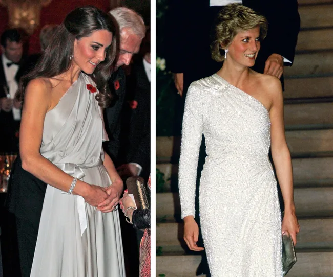 Two women in elegant one-shoulder gowns at a formal event, smiling and engaging with guests.