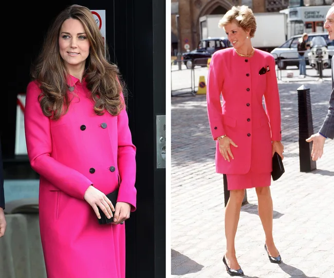 Two women in pink outfits, one with long hair holding a clutch, the other with short hair outdoors.
