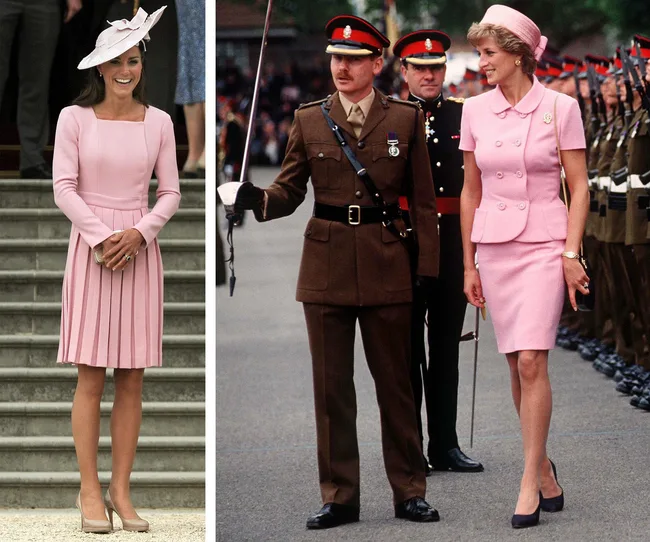 Two women side by side, wearing similar pink outfits. One stands on stairs, the other walks beside military officers.