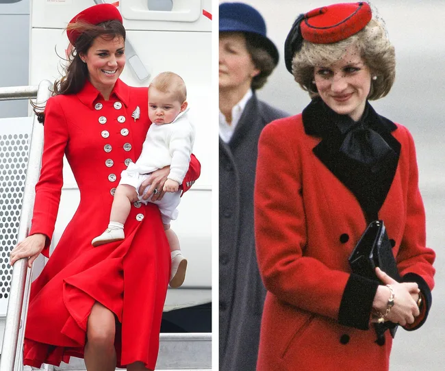 Two women in red coats; one holding a baby.