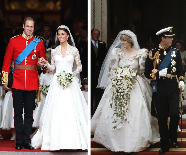 Royal weddings: Two couples exiting church, each with bride in white gown and groom in military uniform.