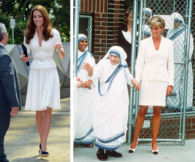 Two women in white outfits; one interacting outdoors, the other with Mother Teresa and nuns.